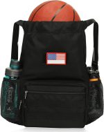 ATRIPACK Tactical Drawstring Backpack, Water-Resistant Swim Bag String Bag Sandproof Beach Backbag American Flag Cinch Sack Bookbag for Men Women Boys Girls Basketball,Swim, Gym, Sports (Black)